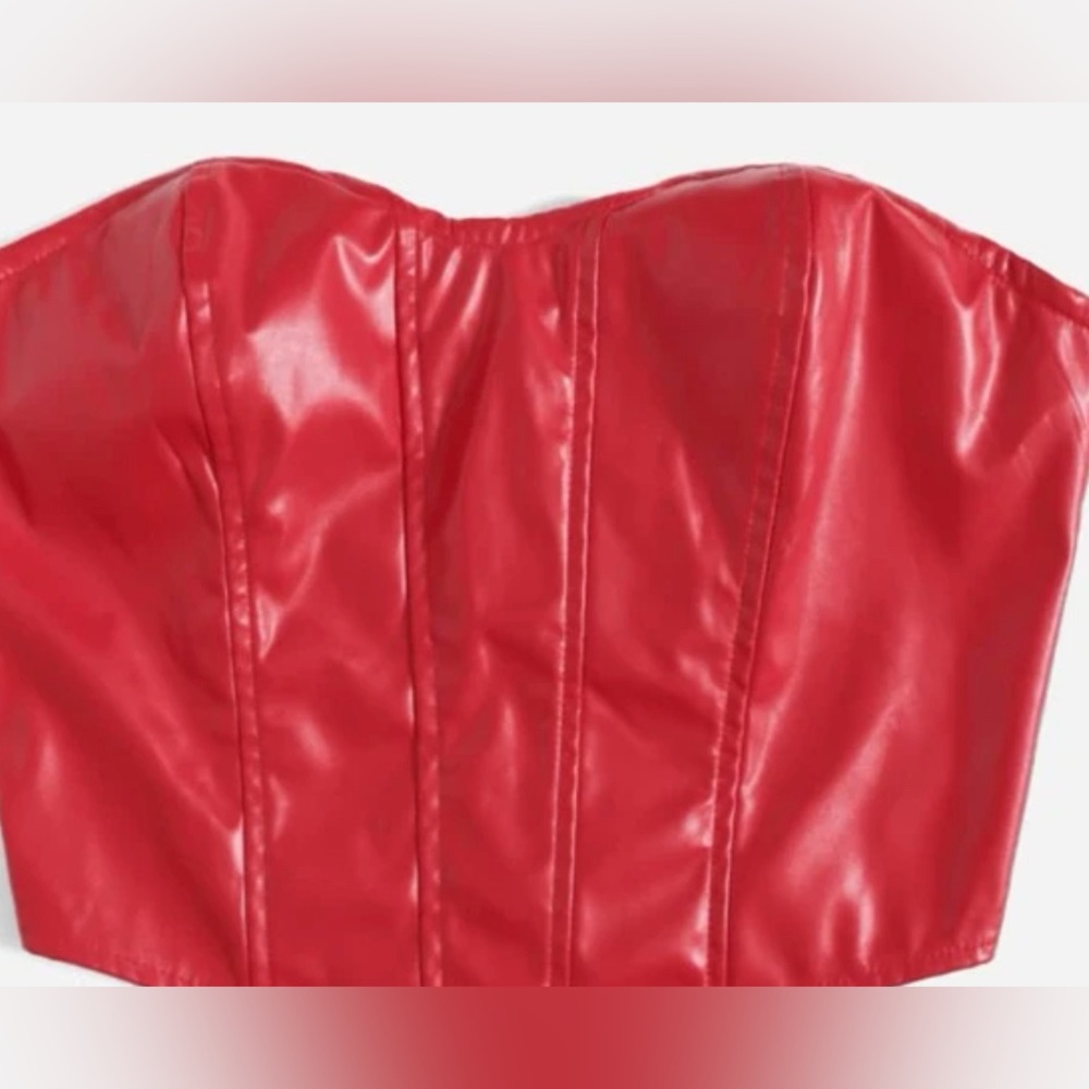 red pleather, zipper back strapless top.